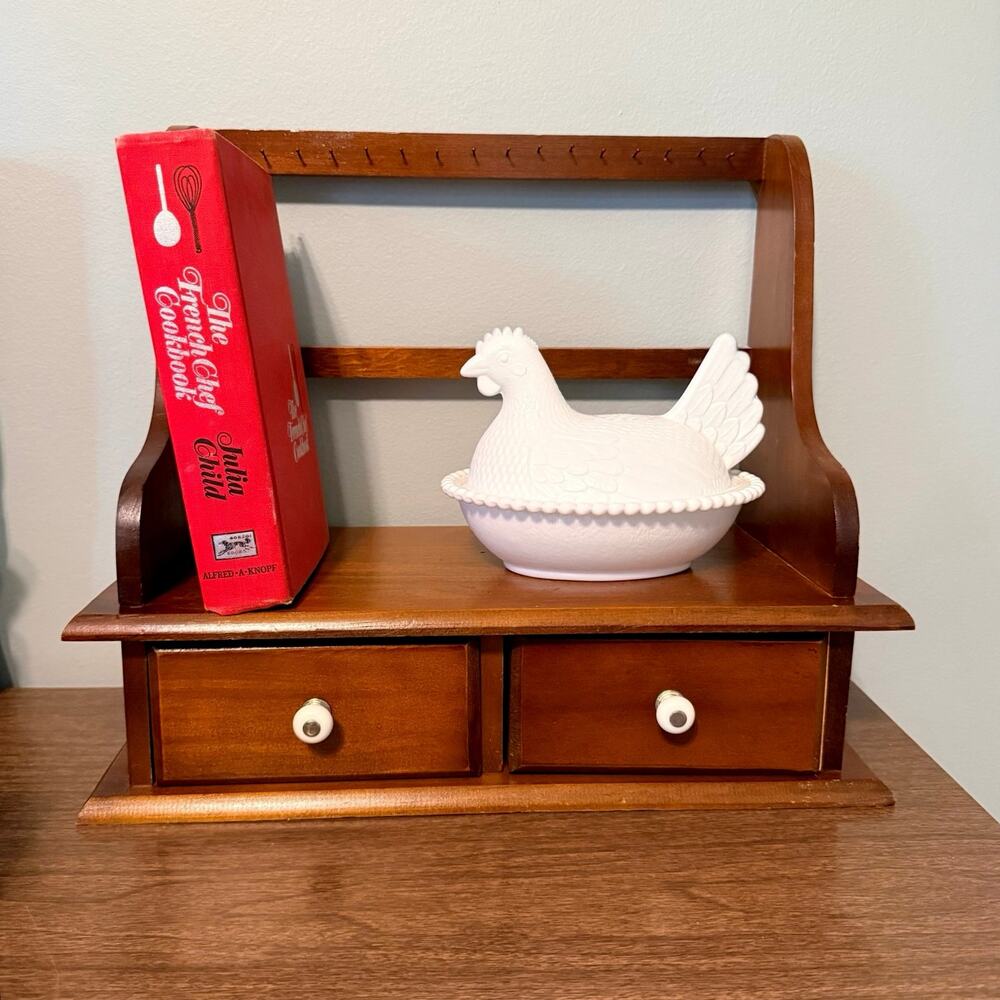 Vintage Wooden Cookbook Holder Stand Organizer 2 Drawers White Knobs